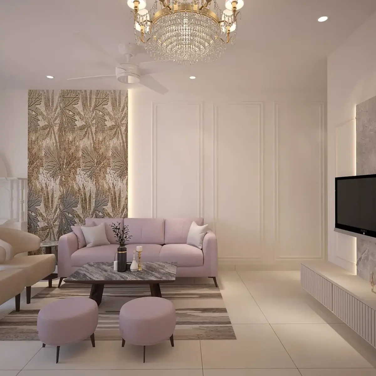 pastel traditional living room with moulding — real Indian home
