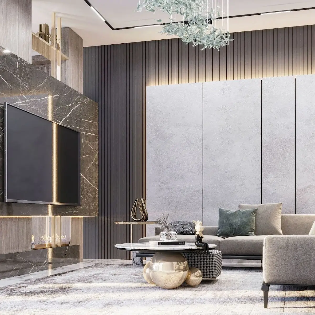 black and white luxury living room with cladding — real Indian home