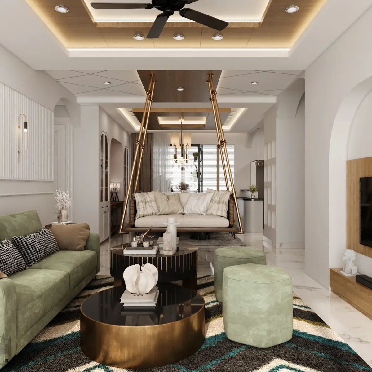 earthy modern indian living room with cove — real Indian home
