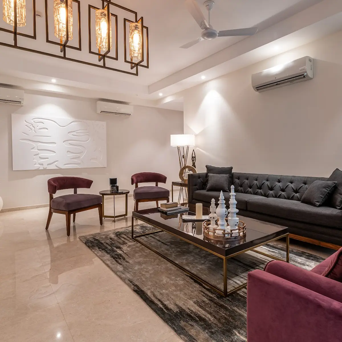 jewel tone luxury living room with pendant — real Indian home