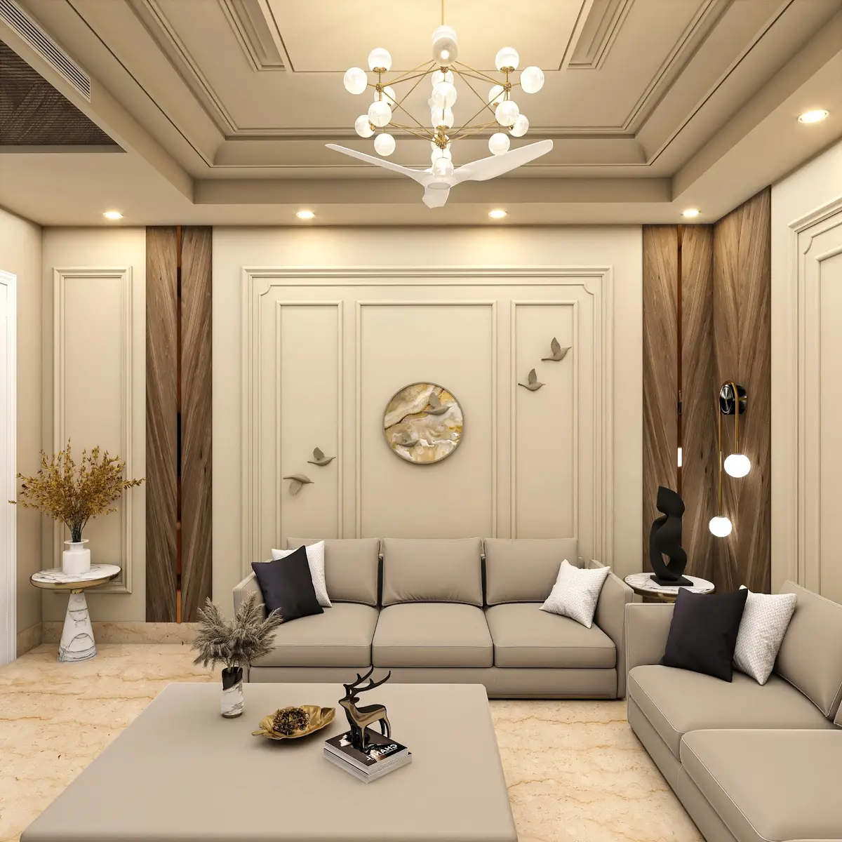 beige traditional living room with moulding — real Indian home