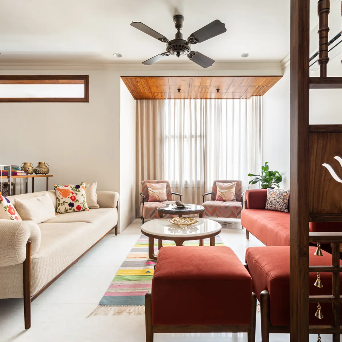 bold colour boho living room with jaali — real Indian home