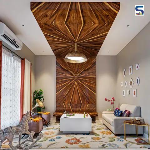 jewel tone luxury living room with wood — real Indian home
