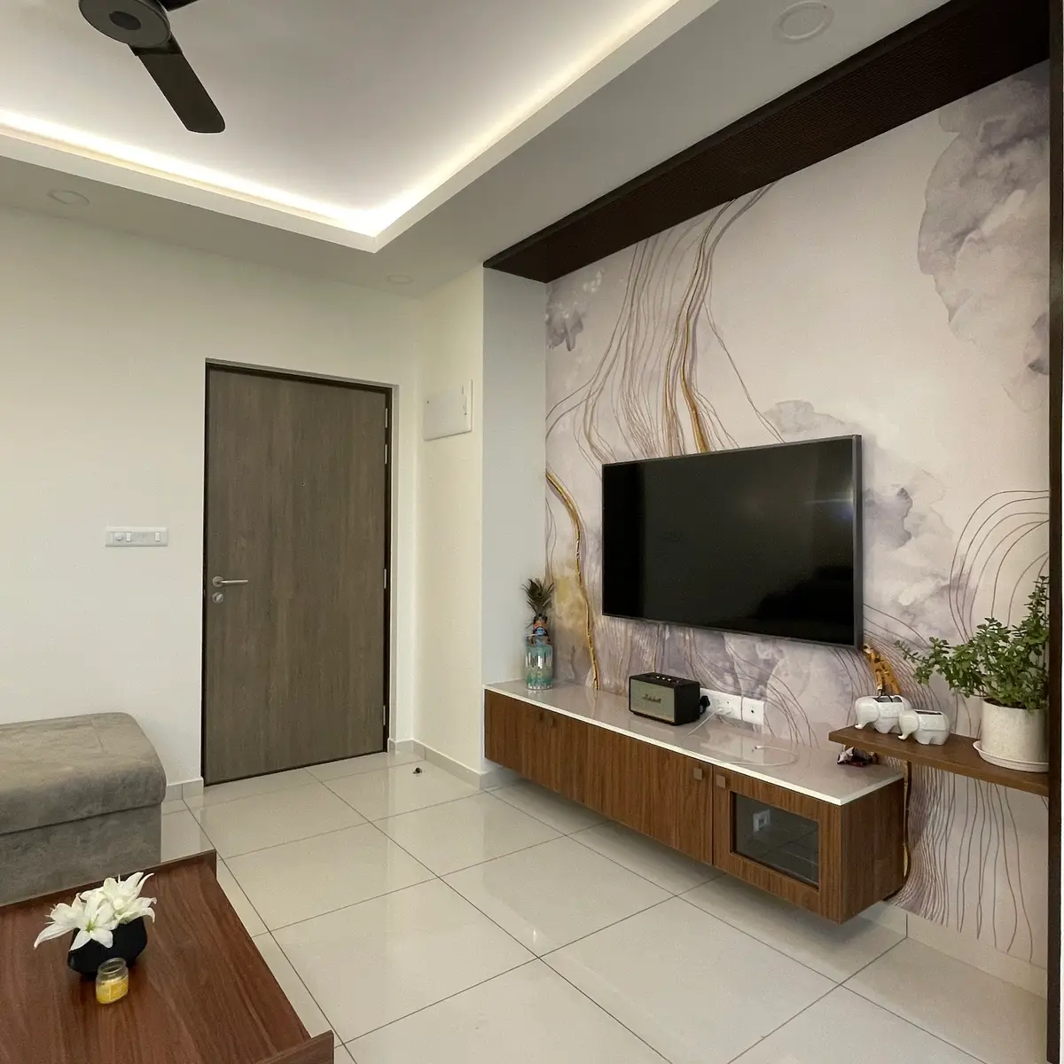 grey modern indian living room with wallpaper — real Indian home