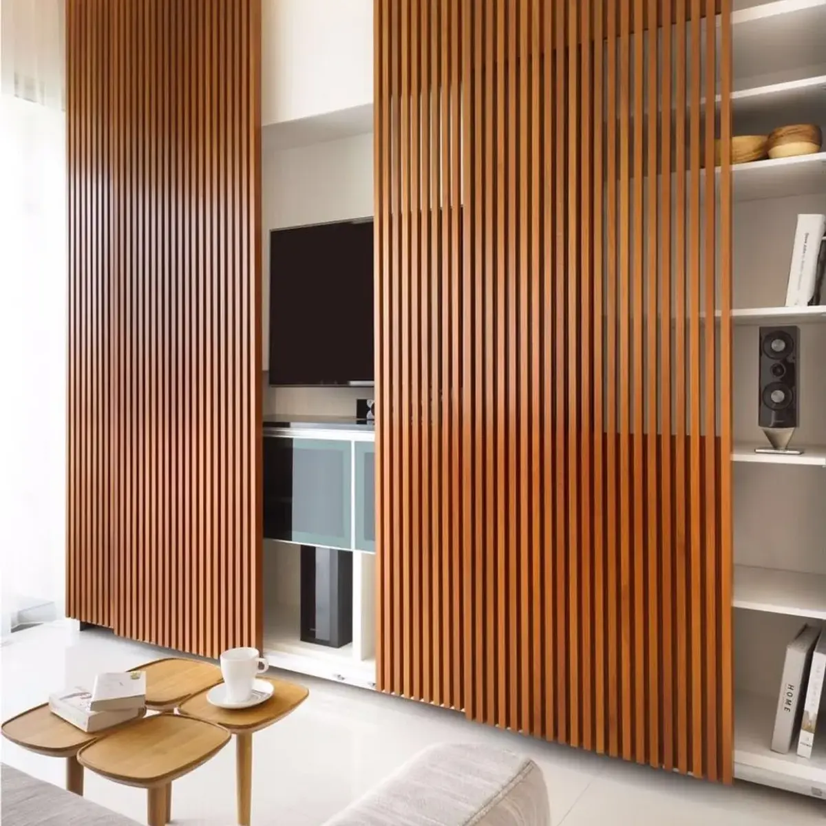 beige modern minimalist living room with panelling — real Indian home