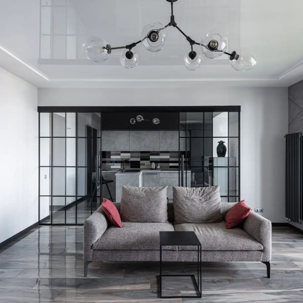 grey modern minimalist living room with pop — real Indian home