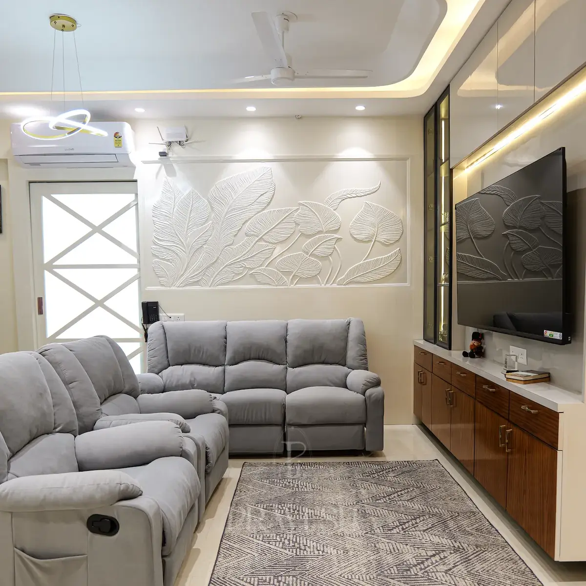 grey modern indian living room with wall art — real Indian home
