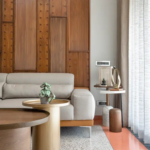 beige mid century living room with panelling — real Indian home