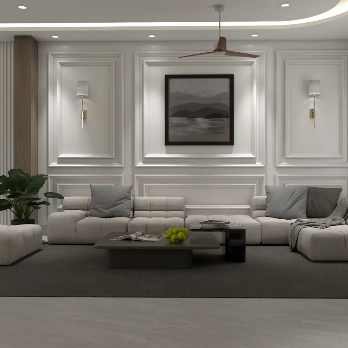 beige modern minimalist living room with moulding — real Indian home