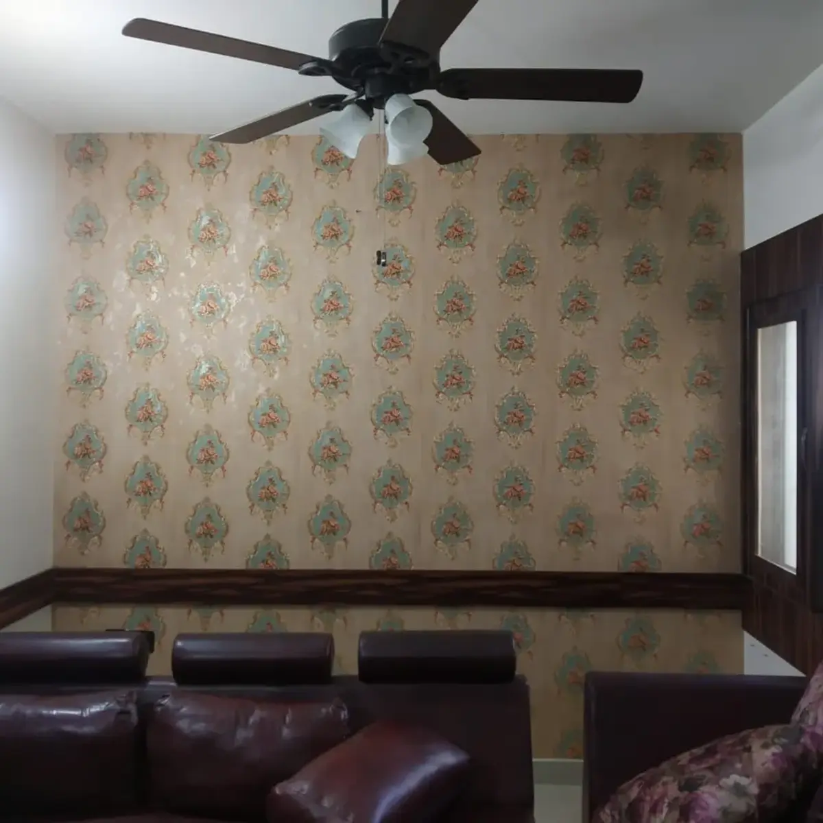 jewel tone traditional living room with wallpaper — real Indian home