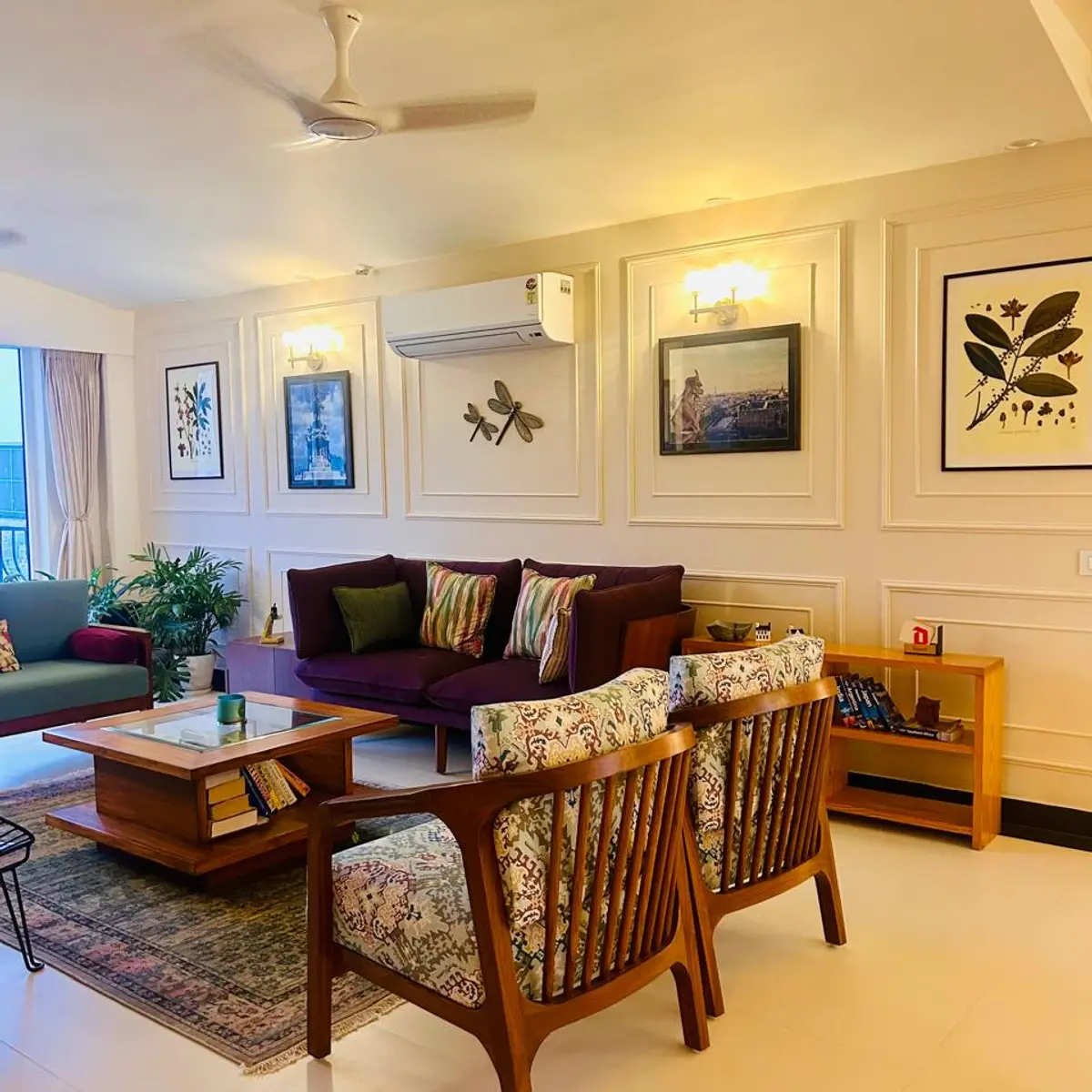 jewel tone boho living room with moulding — real Indian home