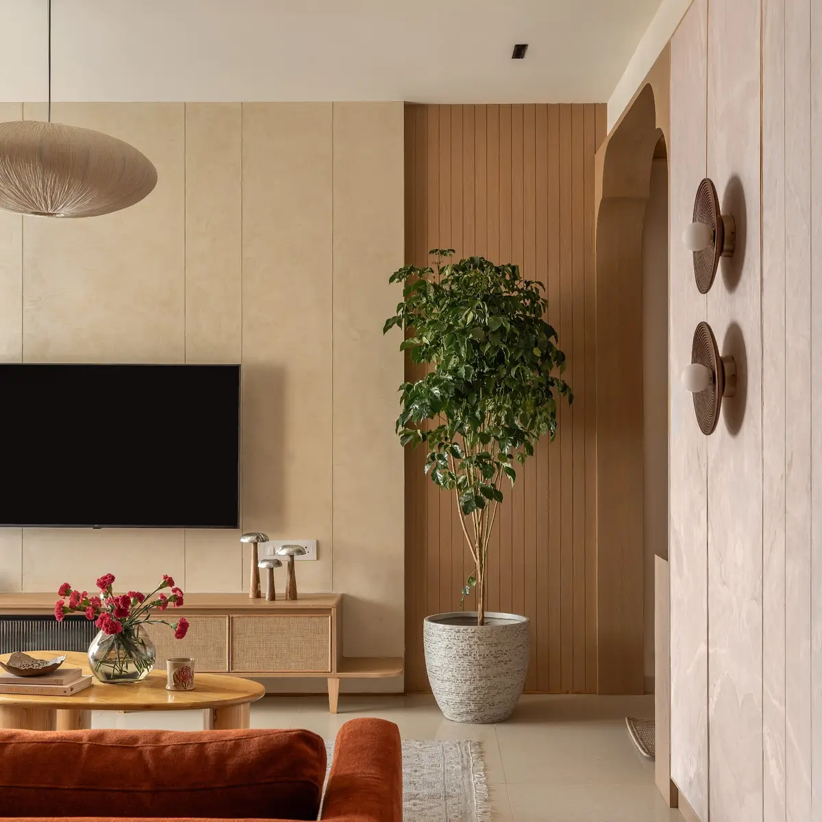 beige modern indian living room with seating — real Indian home