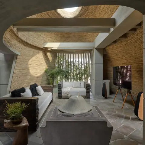 earthy boho living room with cladding — real Indian home
