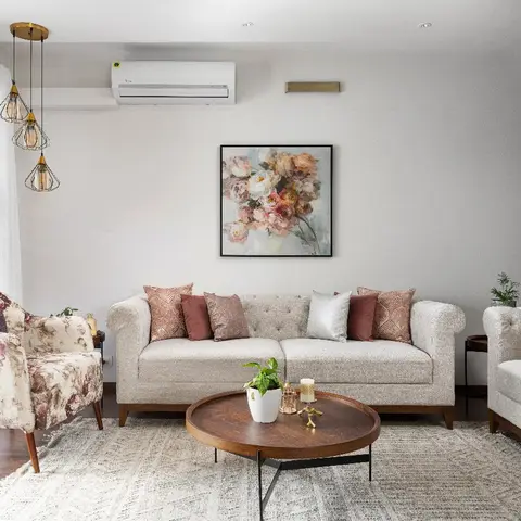 beige traditional living room with panelling — real Indian home