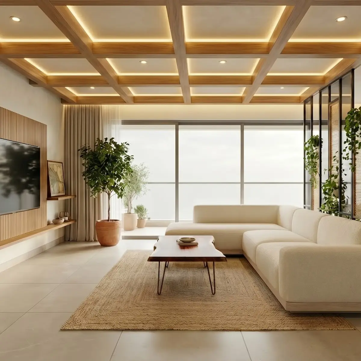beige modern indian living room with cove — real Indian home