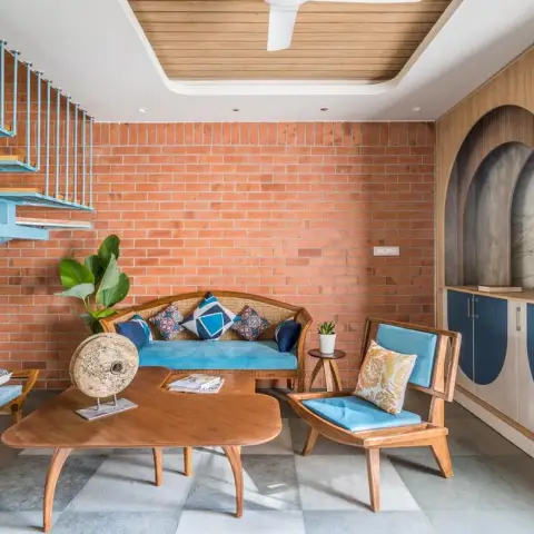beige mid century living room with cladding — real Indian home