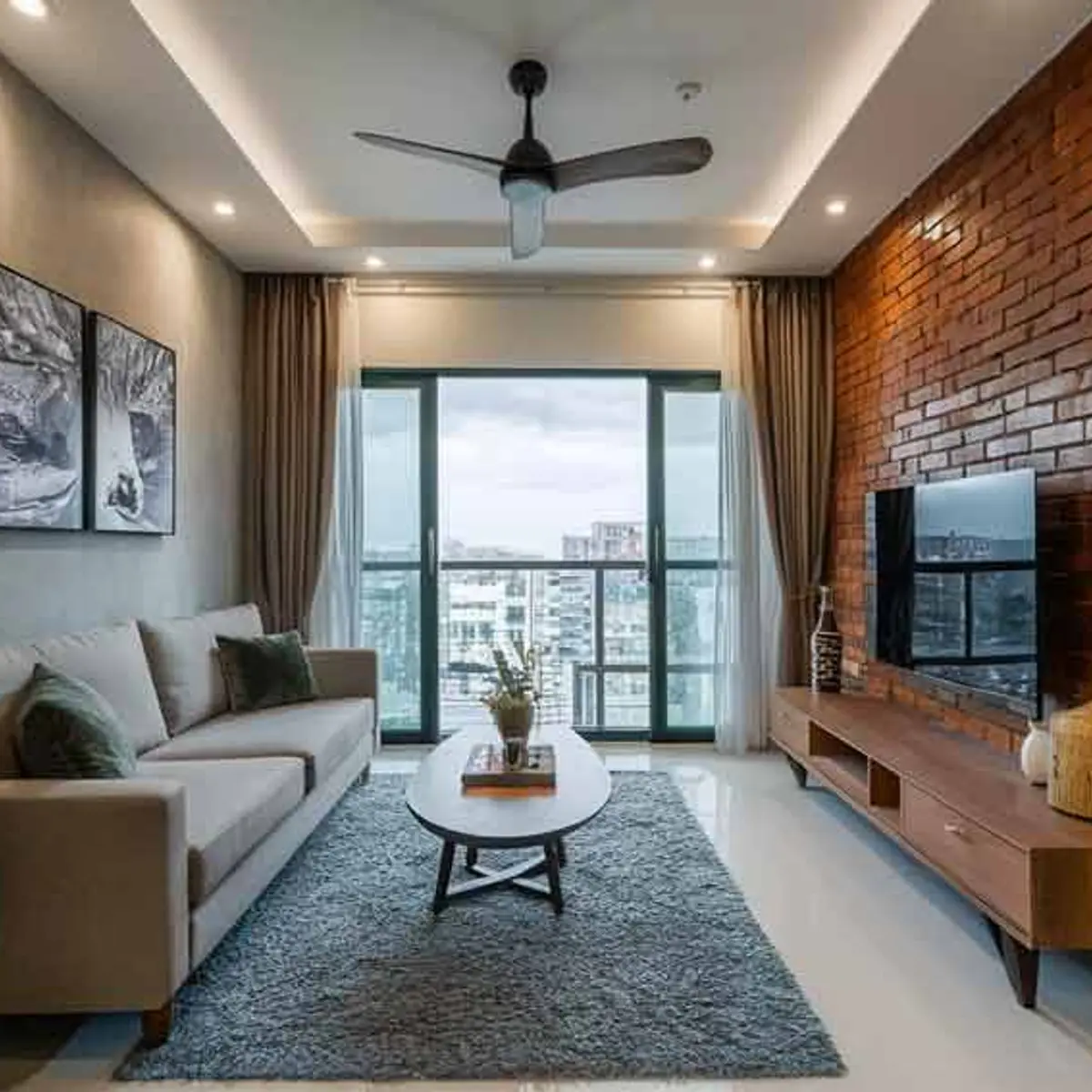 earthy industrial living room with cladding — real Indian home