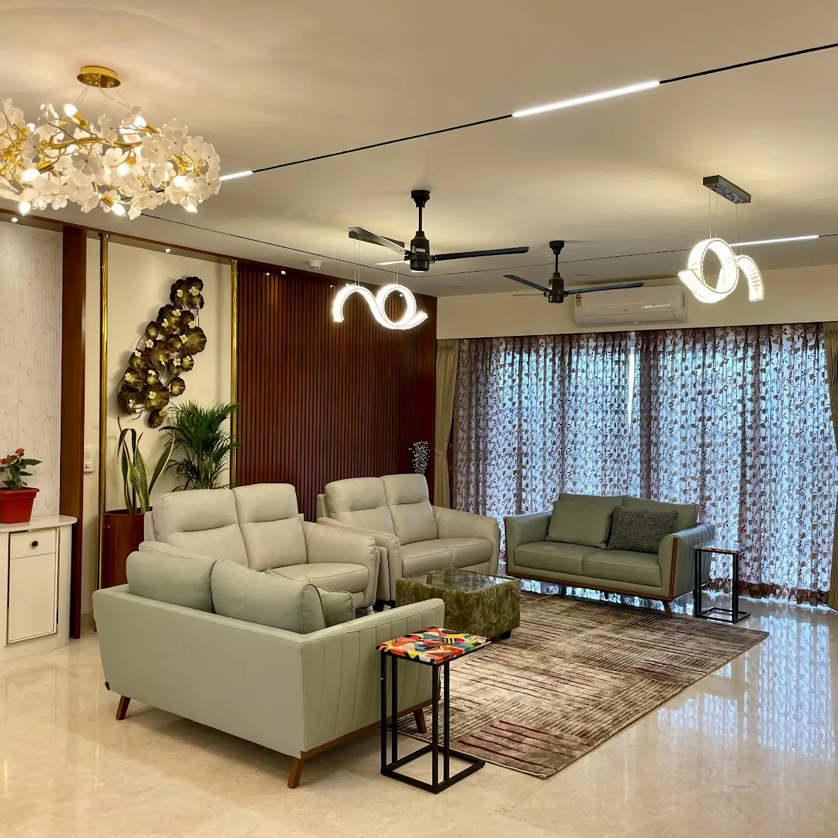 earthy luxury living room with panelling — real Indian home