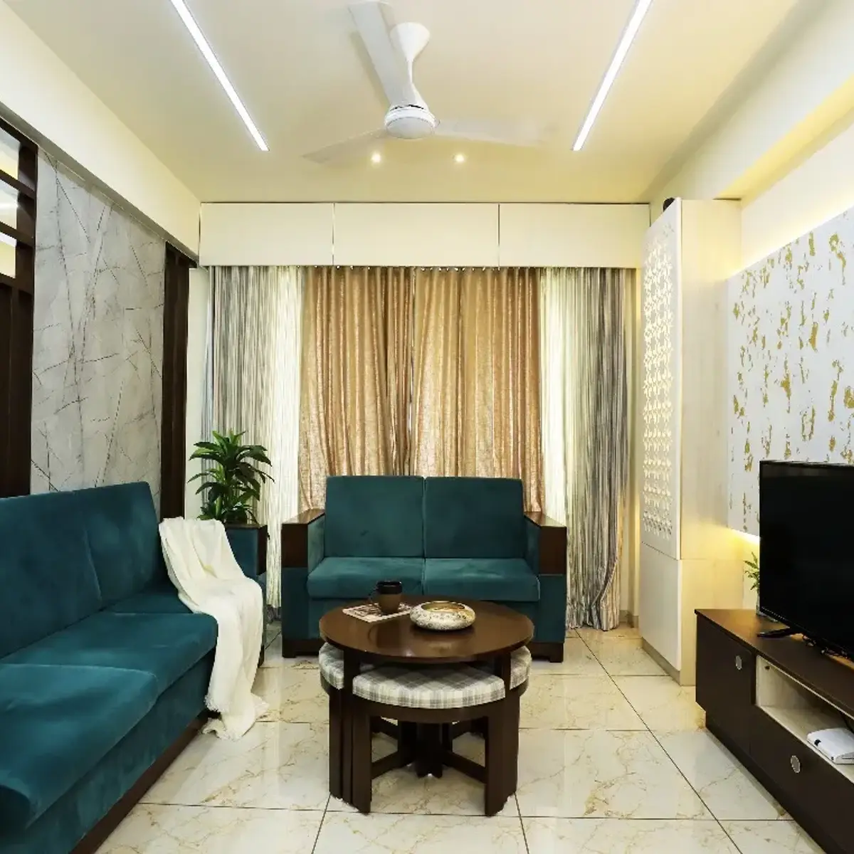 jewel tone modern indian living room with jaali — real Indian home