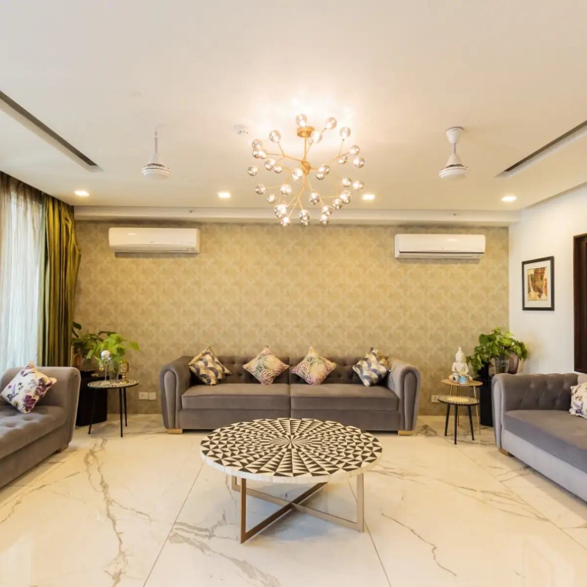 beige luxury living room with wallpaper — real Indian home