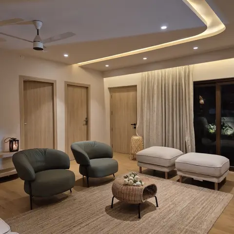 earthy japandi living room with cove — real Indian home