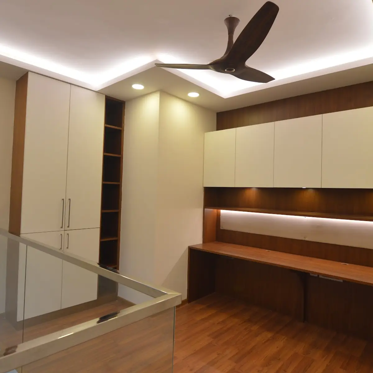 beige modern minimalist study room with study — real Indian home