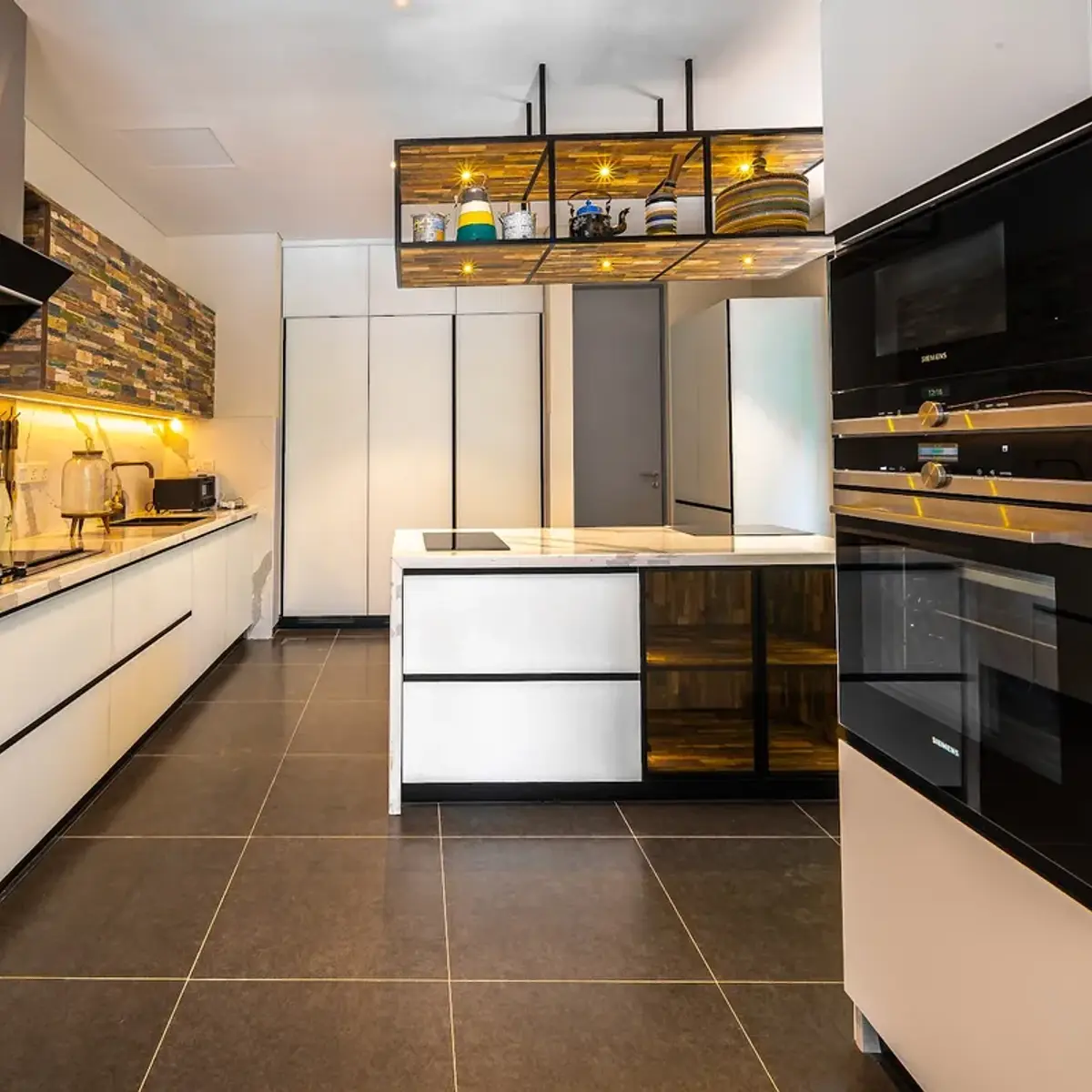 black and white modern minimalist kitchen with layout — real Indian home