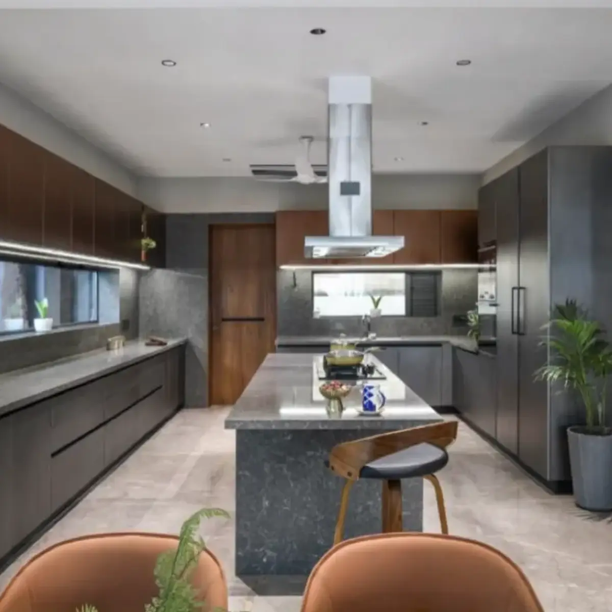 grey modern minimalist kitchen with layout — real Indian home
