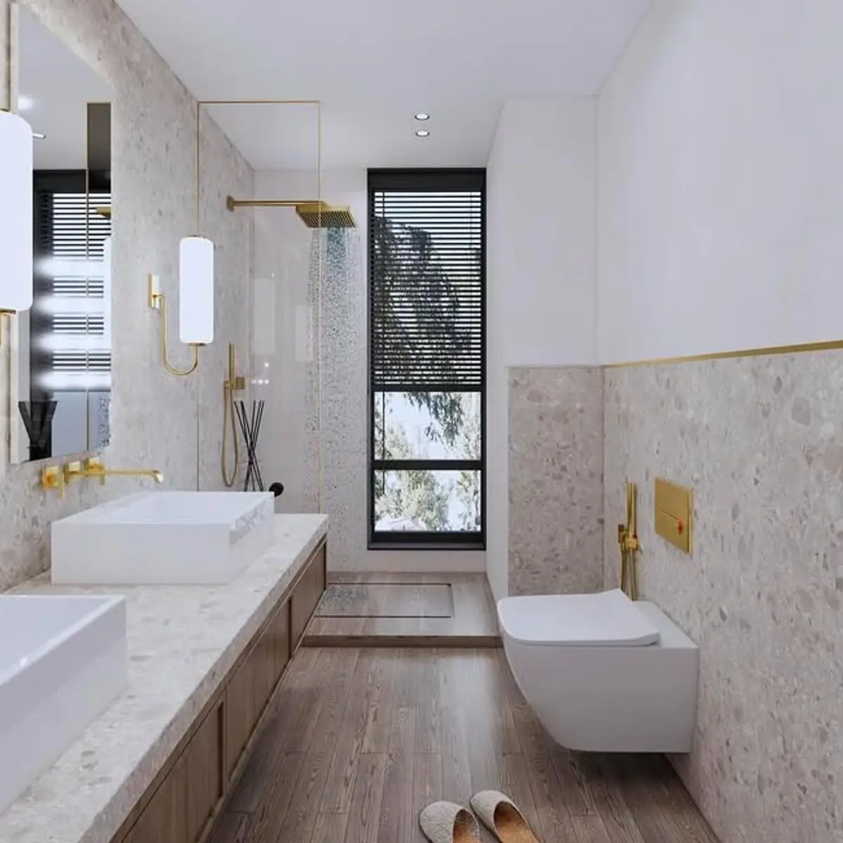 beige modern minimalist bathroom with vanity — real Indian home