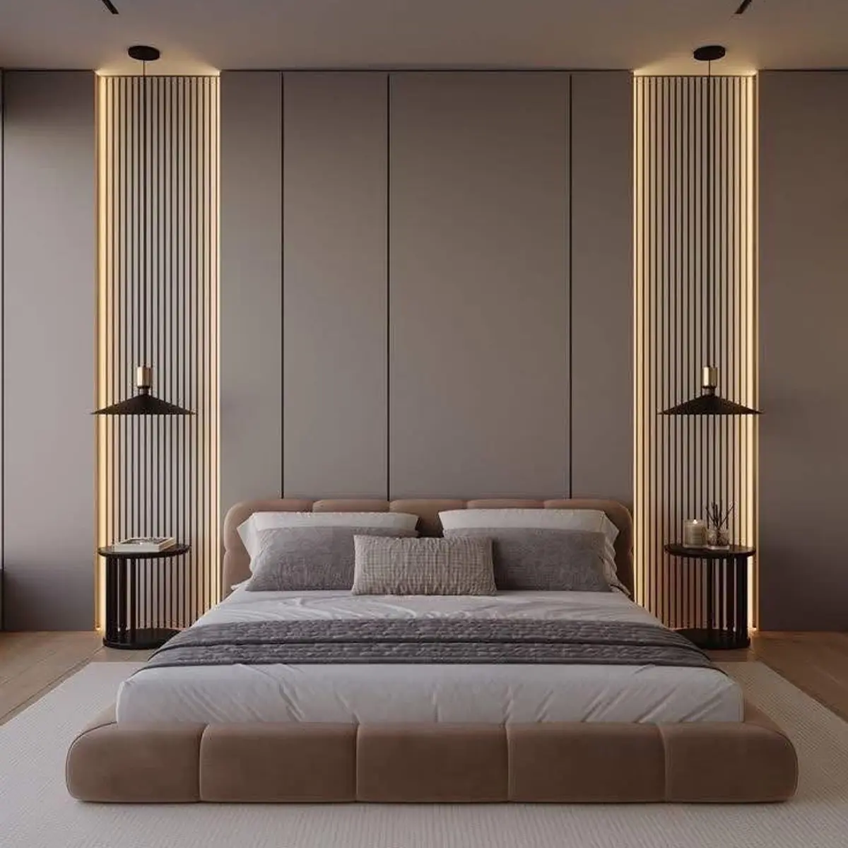 beige modern minimalist master bedroom with panelling — real Indian home