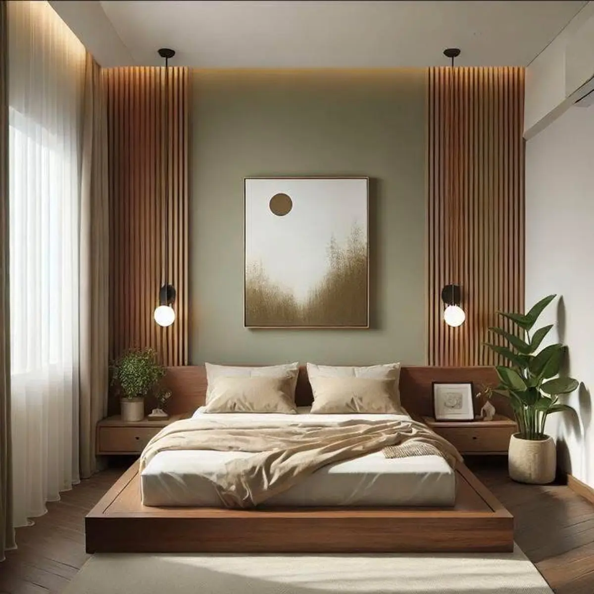 earthy japandi master bedroom with panelling — real Indian home