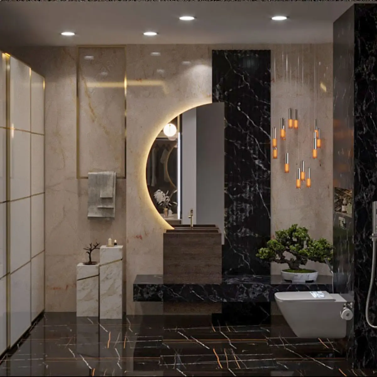 black and white luxury bathroom with cladding — real Indian home