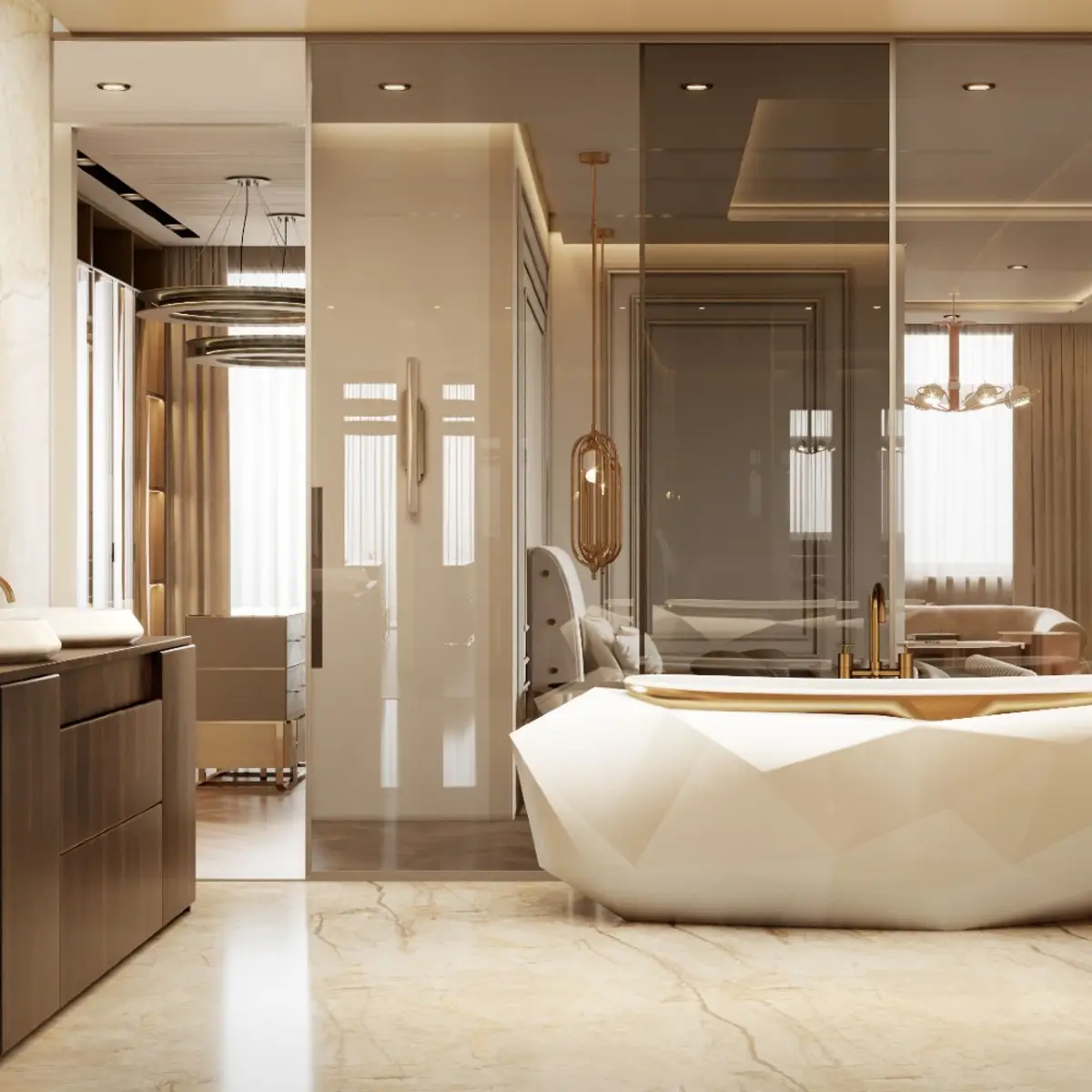 beige luxury bathroom with vanity — real Indian home