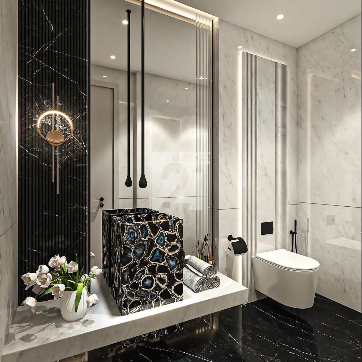 black and white luxury bathroom with vanity — real Indian home