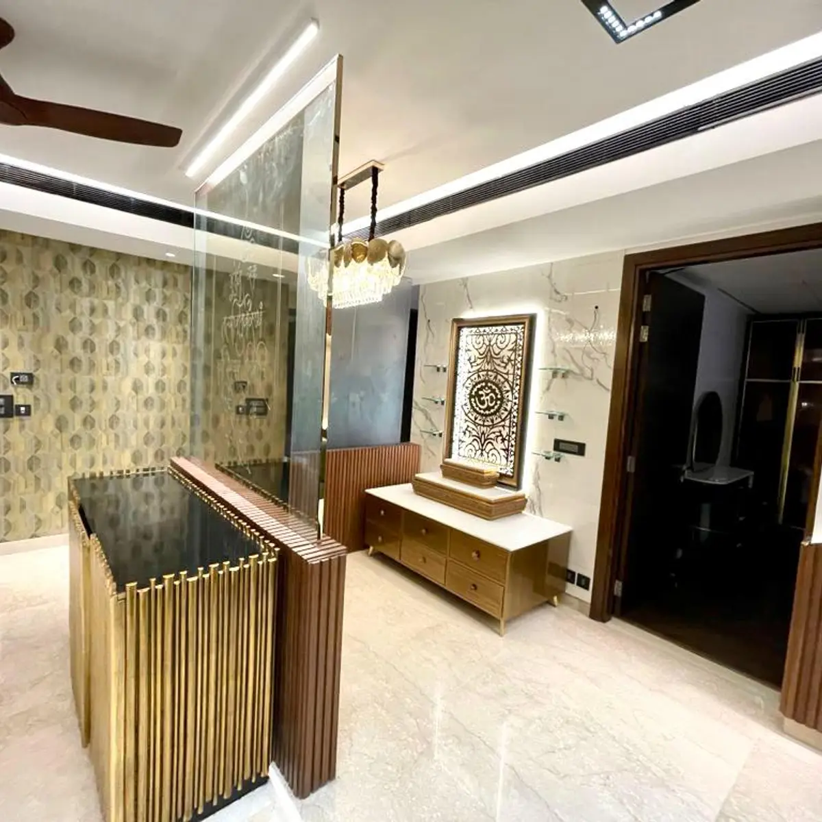 jewel tone luxury entrance foyer with wallpaper — real Indian home