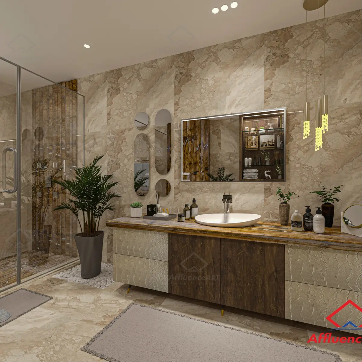earthy luxury bathroom with vanity — real Indian home