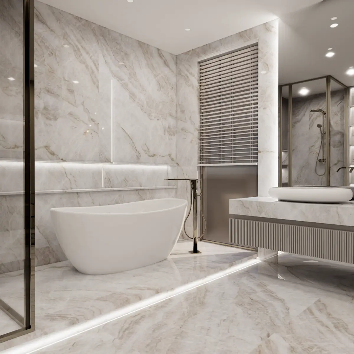 beige modern minimalist bathroom with vanity — real Indian home