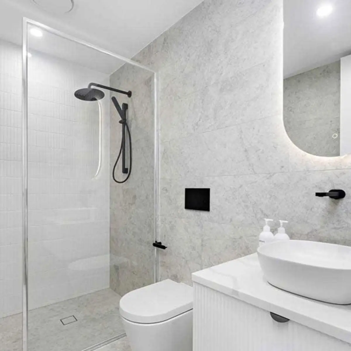 grey modern minimalist bathroom with cladding — real Indian home