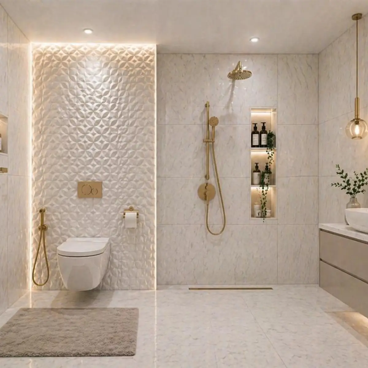 beige luxury bathroom with tiles — real Indian home