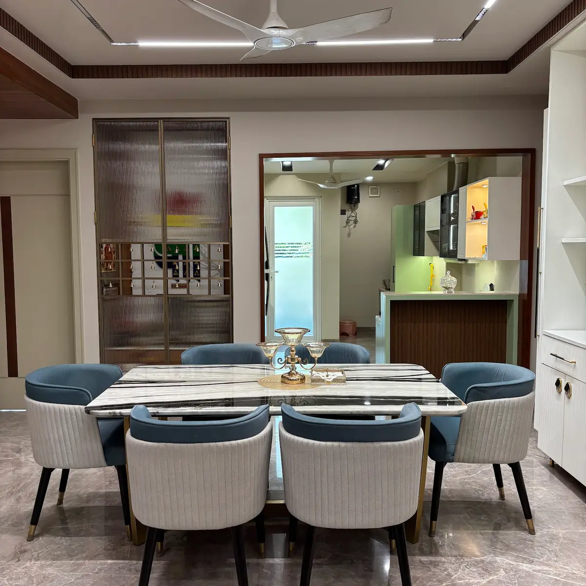 grey luxury dining room with false — real Indian home