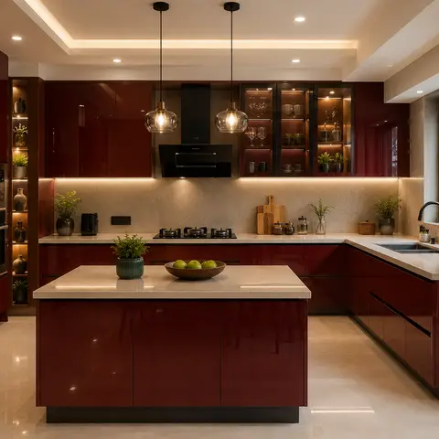 bold colour modern indian kitchen with layout — real Indian home
