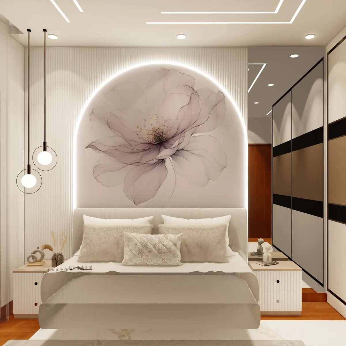 pastel modern minimalist master bedroom with moulding — real Indian home