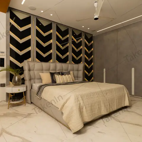 grey luxury master bedroom with panelling — real Indian home