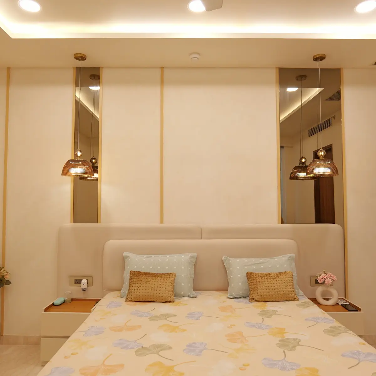 beige modern indian master bedroom with panelling — real Indian home