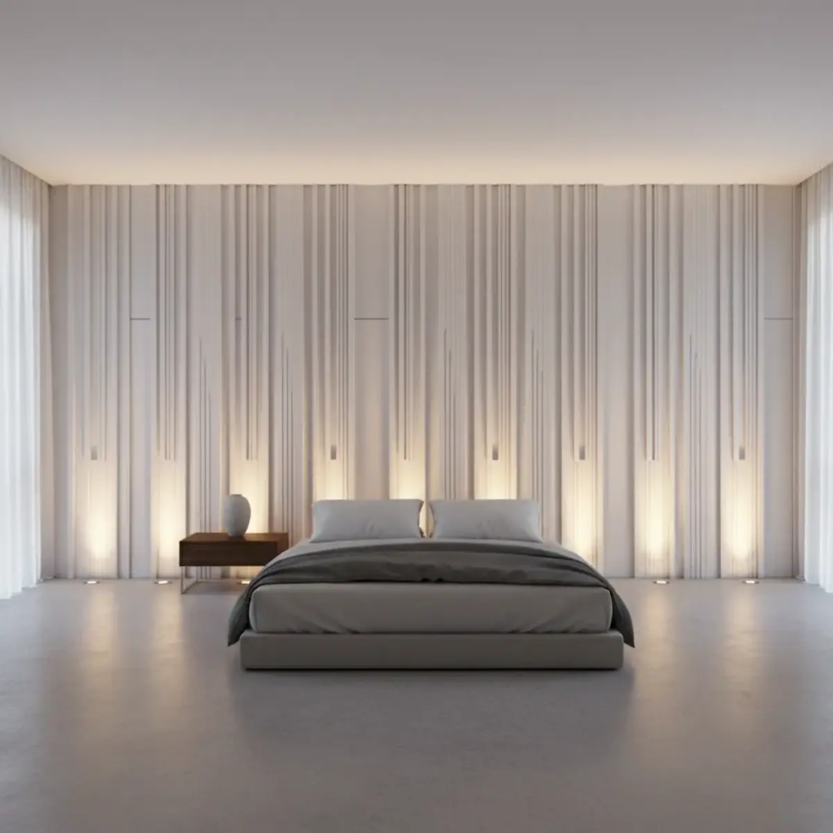 black and white modern minimalist master bedroom with curtains — real Indian home