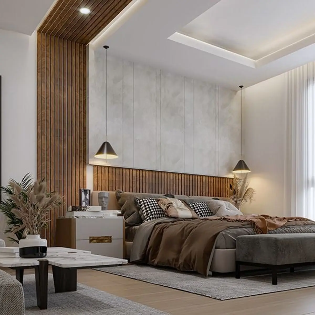 earthy japandi master bedroom with panelling — real Indian home