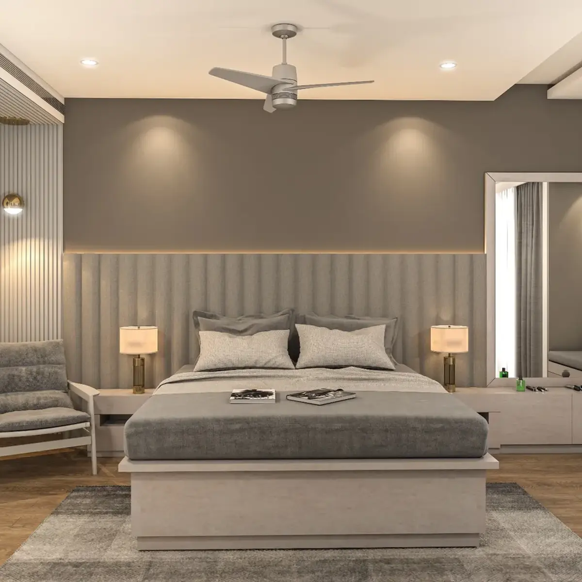 grey modern minimalist master bedroom with panelling — real Indian home