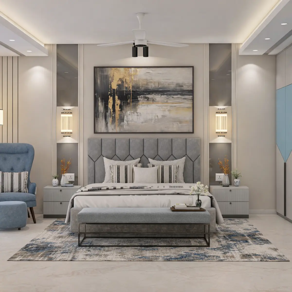 grey modern minimalist master bedroom with wardrobe — real Indian home