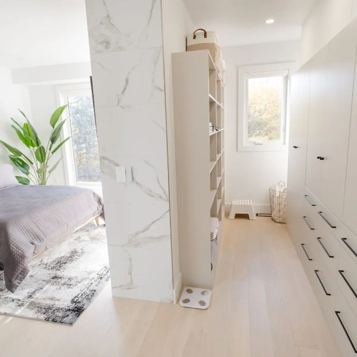 beige modern minimalist master bedroom with wood — real Indian home