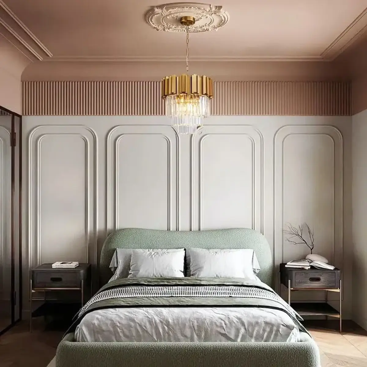 pastel traditional master bedroom with moulding — real Indian home